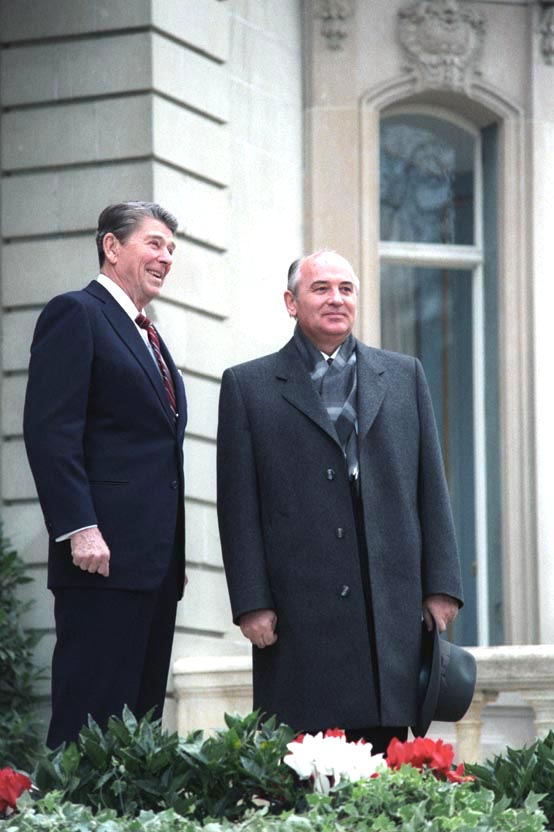 President Reagan and Mikhail Gorbachev speaking together.